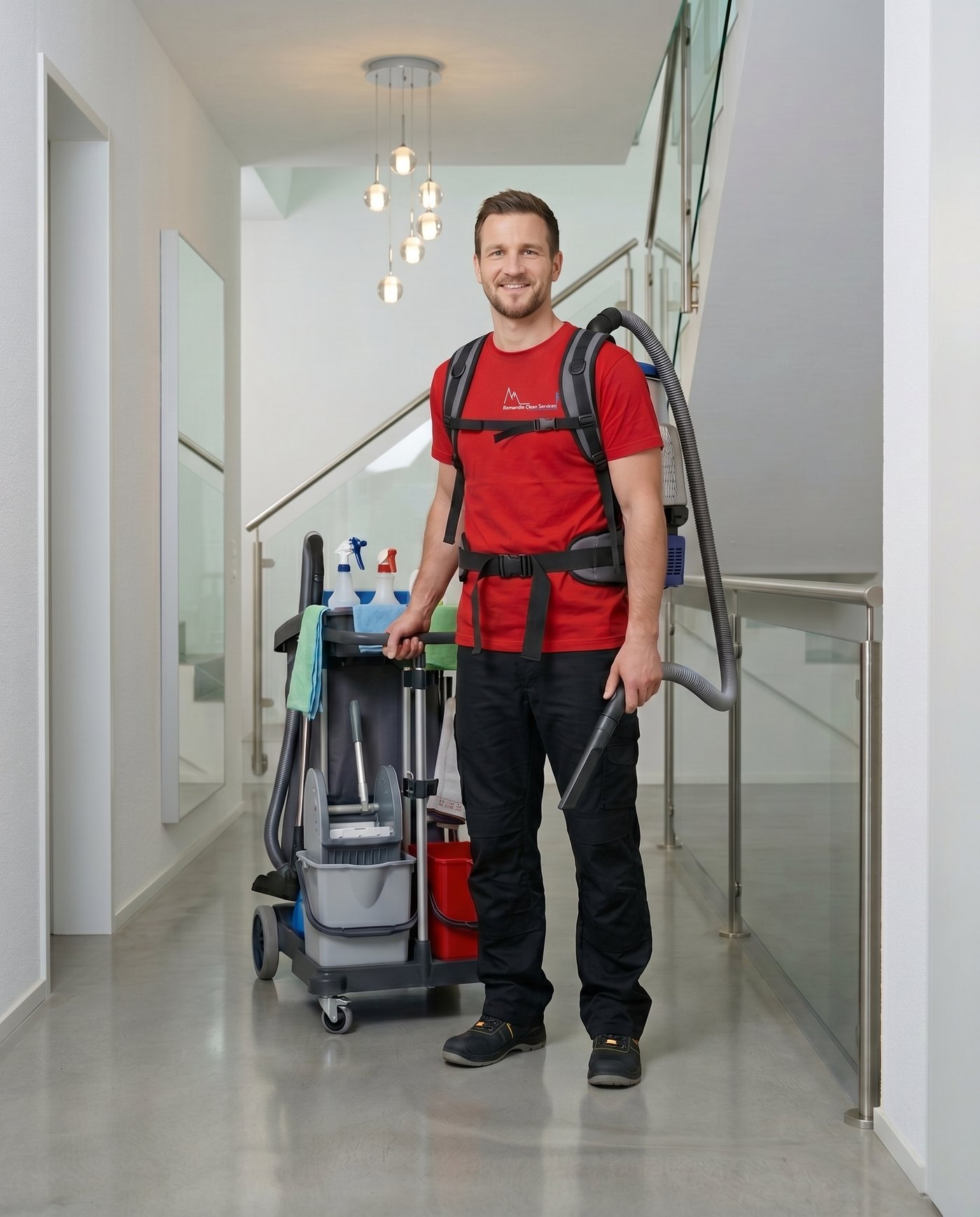 Agent Romandie Clean Services souriant, logo sur le t-shirt, avec son chariot de nettoyage professionnel
