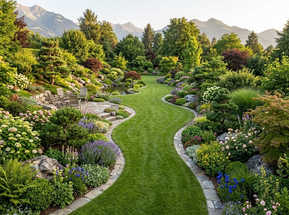 Jardin paysager aménagé avec allée et massifs