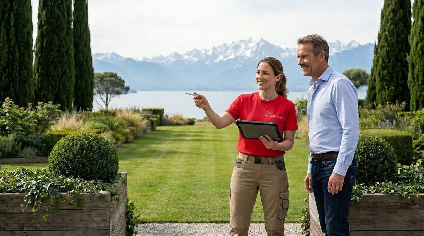Agente Romandie Clean Services en t-shirt rouge évaluant un jardin avec un client lors de la consultation et du devis