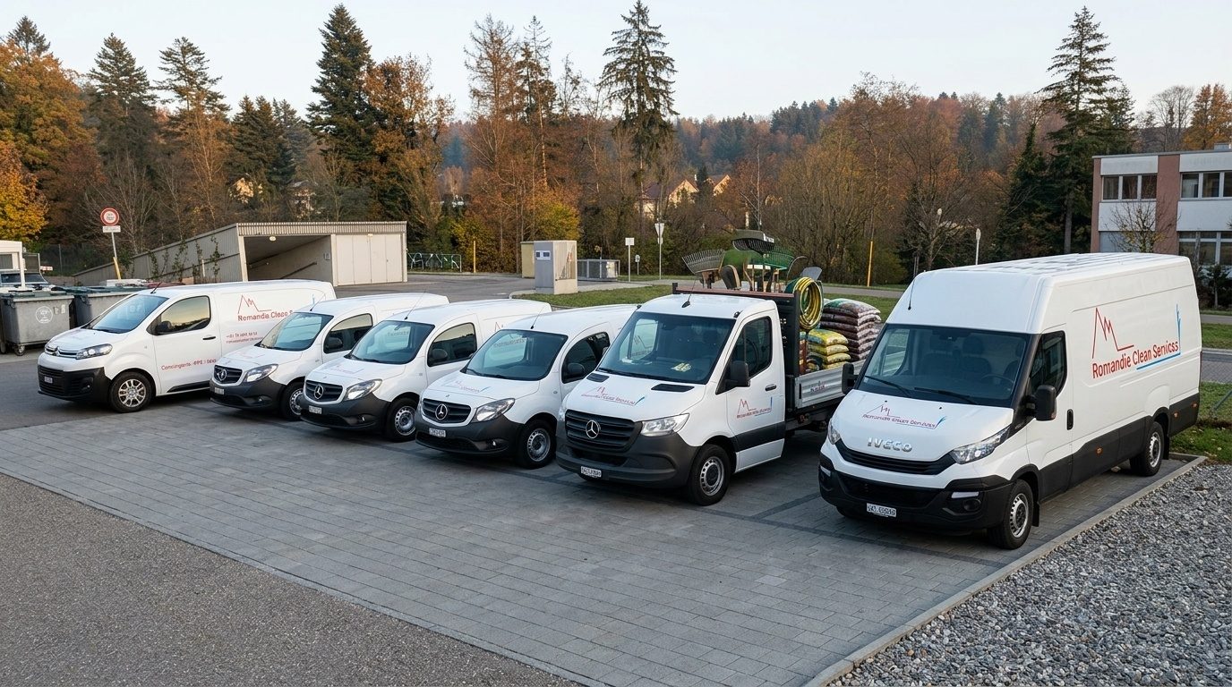 Parc automobile Romandie Clean Services : camionnette, Mercedes Citan, camion benne et fourgon Iveco floqués du logo